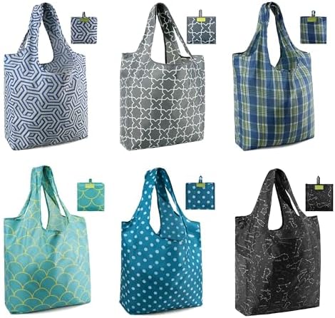 BeeGreen Geometry Reusable Shopping Bags Cute Grocery Bag 6 Pack, Christmas Gift Bags Heavy-Duty Foldable Shopping Totes for Supermarket, Work & Travel, Large Washable Polyester Tote Bag with Handles by BeeGreen