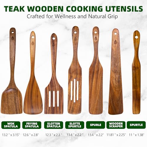 7 Pcs Teak Wooden Utensil Set, Wooden Spoons for Cooking - Image 2