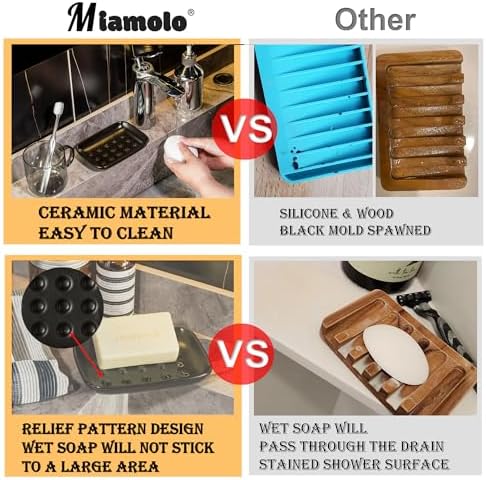 Miamolo Soap Dish, Ceramic Soap Holder Shower Soap Dish for Bar Soap Sponge, Soap Saver Tray for Bathroom Kitchen Sink, Black (Pack of 2) - Image 5