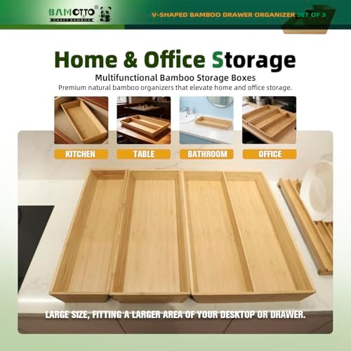 BAMOTTO CRAFTBAMBOO Large Long V-Shaped Bamboo Drawer Organizer Set of 3 - Image 5