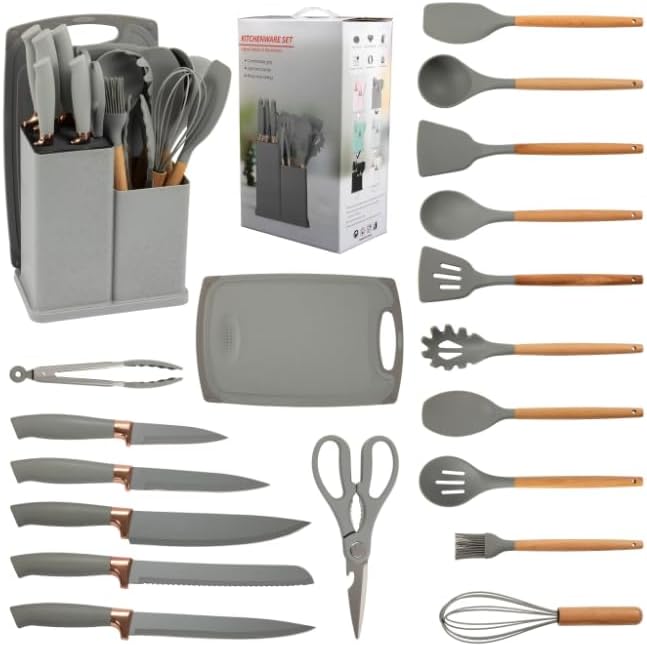 Silicone Kitchen Utensil Set, 19 Piece with Wooden Handles, Cutting Board, Storage Holder, Black Pink Gray Mint Green, Cooking Tools with Organizer (Grey) - Image 3