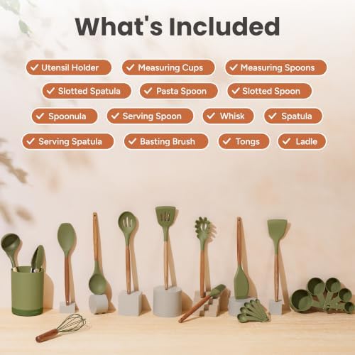 SMIRLY Silicone Kitchen Utensils Set, 22-Piece Acacia Wood Handle, Green - Image 2