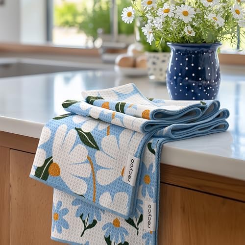 RECYCO Waffle Kitchen Towel Set of 2 - Quick Dry Microfiber Sustainable Dish Towels - Ultra Absorbent Reusable Cleaning Tea Towels - Lightweight Hand Towels,16”x 28”, Daisy Dreams by RECYCOHOMECOLLECTION