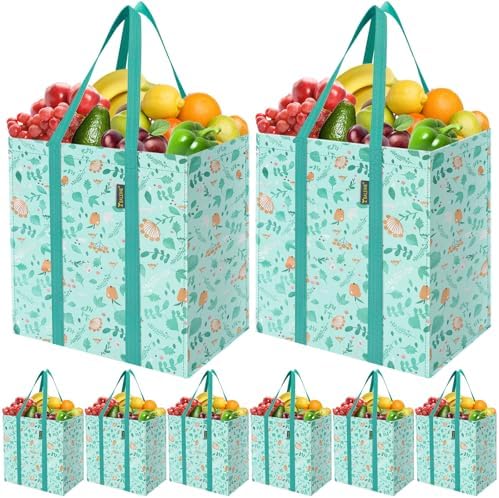 BALEINE 8 PK Grocery Bags Reusable Shopping Bags with Reinforced Bottom, Heavy Duty Foldable Tote Bags (Spring Stroll) by BALEINE