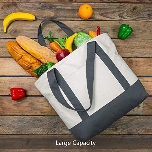 TOPDesign 6-Pack Canvas Tote Bags with an External Pocket, Reusable Grocery Shopping Bags, Top Zipper Closure, Daily Essentials (Grey/Natural) - Image 4