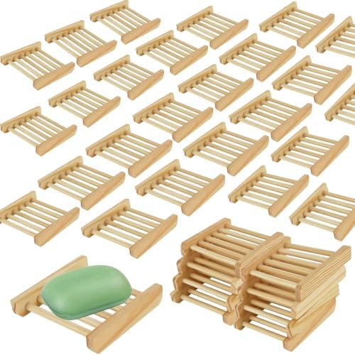 60 PCS Bamboo Soap Dish for Shower 3.3x3.5x0.7 Inch Wooden Soap Holder Self Draining Bamboo Soap Holder Handmade Wooden Soap Dish for Bar Soap Wood Soaps Tray for Bathroom, Shower, Kitchen by LOPYXBR