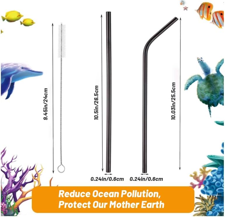 VEHHE Black Metal Straws, Stainless Steel Reusable Straws Set with Brush - Image 2