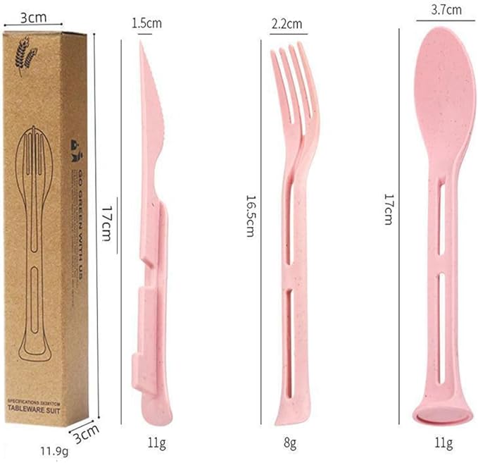 3PCS Wheat Straw Cutlery, Reusable Utensils Set Portable Travel 3 in 1 Spoon Fork Knife Tableware, Eco-Friendly, BPA Free, Flatware for Kids Adults, Travel Picnic Camping (Pink)
