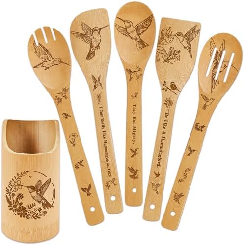 Hummingbird Kitchen Decor Bamboo Wooden Spoons With Utensil Holder-Hummingbird Kitchen Accessories for Cooking-Home Decorations Gifts for Women-Housewarming,Birthday,Easter,Mothers Day Gift（6PCS) by DudjotcHome