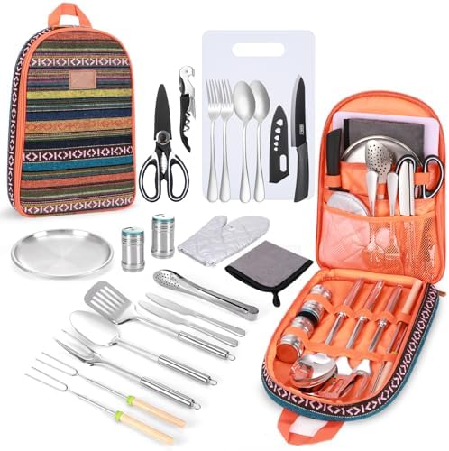 Portable Camping Kitchen Utensil Set-27 Piece Cookware Kit, Stainless Steel Outdoor Cooking and Grilling Utensil Organizer Travel Set Perfect for Travel, Picnics, RVs, Camping, BBQs, Parties and More by Freehiker