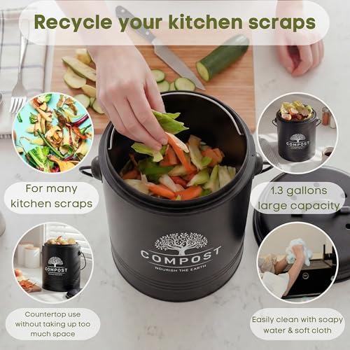 Perfnique Kitchen Compost Bin, 1.3 Gallon Countertop Compost Bin with Lid, Indoor Compost Bucket Includes Inner Bucket Liner and Carbon Filter, Small Compost Bin with Trash Bags (with Bags, Black) - Image 3