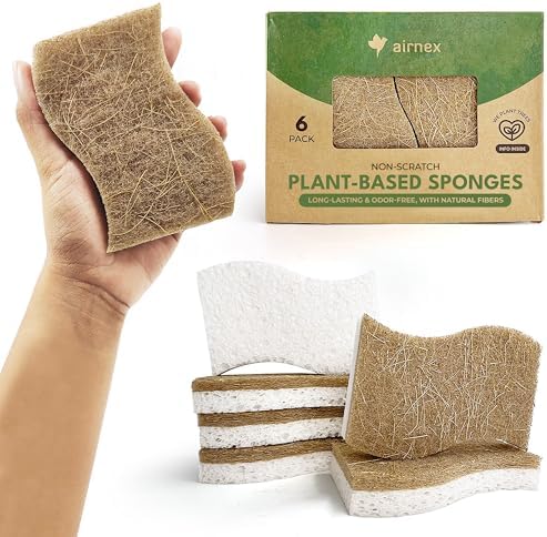 AIRNEX Natural Kitchen Sponges (6 Pack) - Biodegradable Cellulose & Coconut Scrubber Dish Sponges for Kitchen - Eco-Friendly, Non Scratch, Compostable, Non Toxic S-Shaped Natural Sponges for Dishes by Airnex