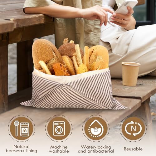 yeload 4 Pack Beeswax Bread Bags, Striped Linen Bento Bags, 14" Cotton Loaf Bag, Reusable Organic Food Storage, Sourdough Bag, Rustic Farmhouse Azuma Bukuro Origami Wrap for Baked Gifts (Black, 4) - Image 4