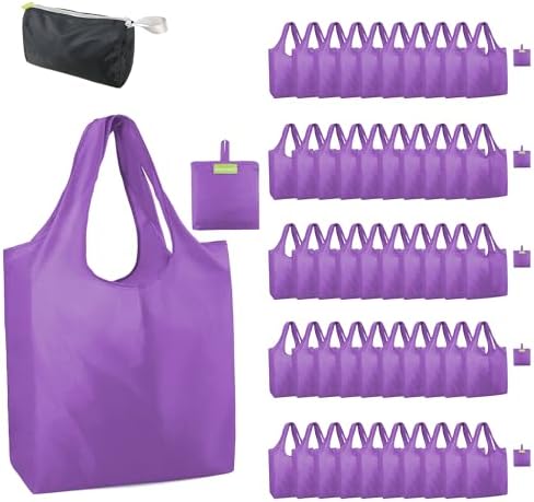 BeeGreen Purple Reusable Grocery Bags Wholesale Purple Reusable Kitchen Bags Bulk Foldable-Machine Washable with Zipper Storage Pouch 50 Packs by BeeGreen