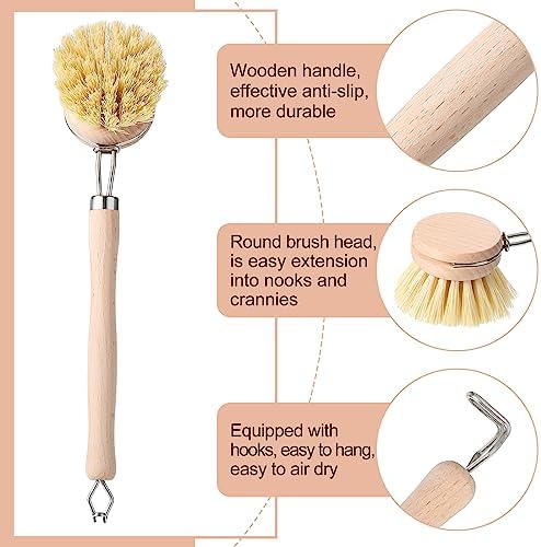 Maxdot 4 Pcs Kitchen Dish Brush with Beechwood Handle Natural Wooden Handle Scrub Brush Fiber Bristles Dish Scrub 2 Inch Replacement Brush Head for Pots Pans Utensils Washing Supplies - Image 3