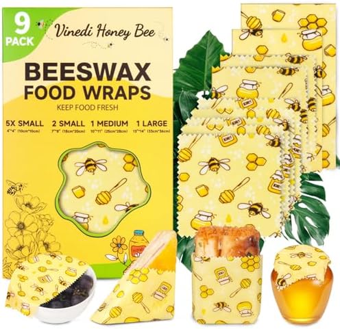 Reusable Beeswax Food Wraps, 9 Pack - Assorted Sizes (XS,S, M, L) | Organic Cotton, Eco Friendly, Plastic Free | Honeycomb Design by VINEDI