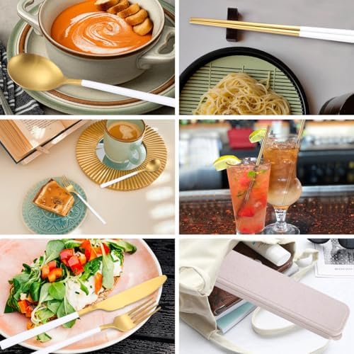 AARainbow 8 Pieces Stainless Steel Flatware Set Portable Reusable Cutlery Set Travel Utensils Set Including Chopsticks Knife Fork Spoon Straws Cleaning Brush Dishwasher Safe (B-White Golden) - Image 3