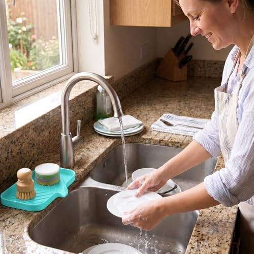 MicoYang Silicone Soap Dish with Drain Spout — Self-Draining Sink Organizer Tray for Bathroom & Kitchen, Sponges, Dispensers & Soap Holder, Non-Slip & Dishwasher Safe, Mint (Medium, 9.6"×5.3") - Image 5