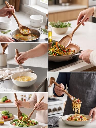 AIUHI 10 Pcs Wooden Spoons for Cooking, Teak Wooden Utensil Set for Nonstick Cookware, Wooden Kitchen Utensils Set with Whisk and Spaghetti Server - Image 6