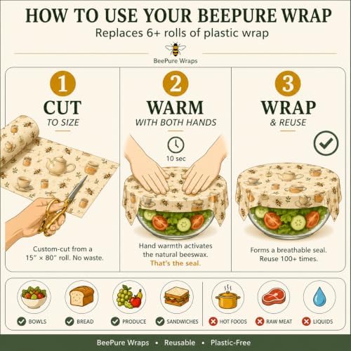 Reusable Beeswax Food Wrap Roll - Cut-to-Size 15 x 80 in, Eco-Friendly Food Storage Wrap, Bees & Tea Teapot Honey Jar Design - Image 5
