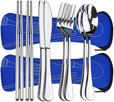 10PCS Portable Silverware Set with Case, Lengnoyp Travel Camping Utensils Set, Premium Stainless Steel Travel Cutlery Set, Reusable Safe Flatware Sets for Lunch Box/Workplace/Students, Silver by lengnoyp