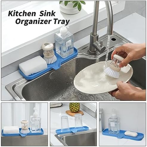 MicoYang Silicone Soap Dish with Drain Spout — Self-Draining Double Sink Organizer Tray for Kitchen & Bath, Dispensers, Sponges & Soap Holder, Non-Slip & Dishwasher Safe, Lichen Blue (Large, 12"×4") - Image 5
