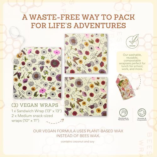 Bee's Wrap Vegan Beeswax Food Wraps, 2 Medium & Sandwich Pack, Meadow Magic - Image 4