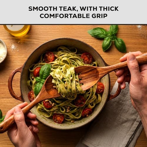 Zulay Kitchen Extra-Large 6-Piece Wooden Spoon Set - Smooth Teak Cooking Utensils - Comfort-Grip Non-Stick Turner, Spatula, Skimmer, Fork, Serving Spoon - Image 7