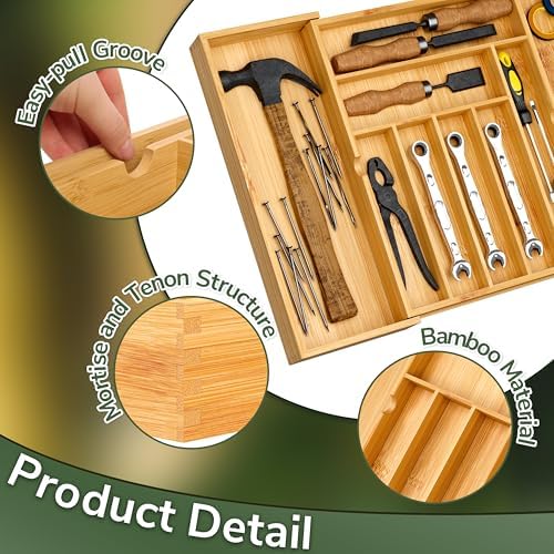 BAMEOS drawer organizer flatware organizer cutlery tray silverware organizer expandable adjustable bamboo drawer organizer kitchen bathroom - Image 3