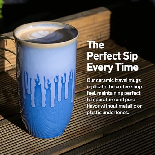 NOVA CERAMICS Ceramic Tumbler– Blue Ceramic Mug – Microwave & Dishwasher Safe Coffee White & Orange Tumbler - Leak-Proof Coffee Travel Mug – 16oz – Neptune - Image 4