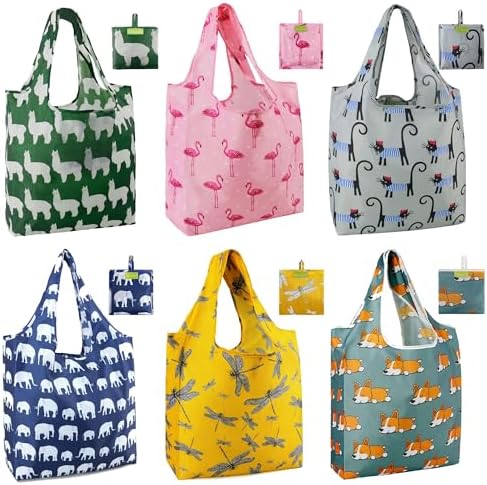 BeeGreen Animal Reusable Shopping Bags Cute Grocery Bag 6 Pack, Christmas Gift Bags Heavy-Duty Foldable Shopping Totes for Supermarket, Work & Travel, Large Washable Polyester Tote Bag with Handles by BeeGreen