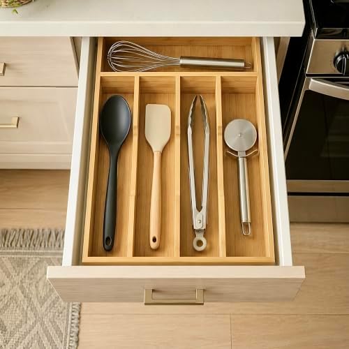 Bamboo Drawer Organizer for Kitchen Drawers, 5-Compartment Flatware & Cutlery Tray, Natural Bamboo Kitchen Utensil Silverware Organizer, Drawer Storage Organizer, 13.8 x 9.9 x 2.0 Inches - Image 7