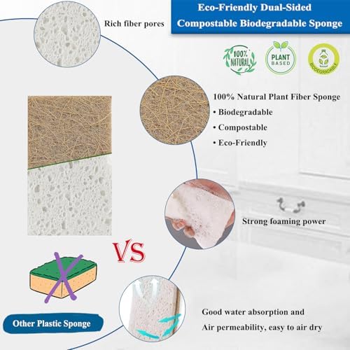 Natural Kitchen Sponges, 12 Pack Eco Biodegradable Compostable Coconut Fiber & Cellulose Heavy Duty Scrub Sponge for Dishes, Organic Non-Scratch Cleaning Sponges for Non Stick Cookware, Pots - Image 3