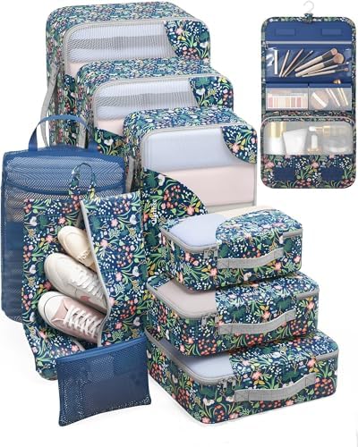 OlarHike Packing Cubes for Travel,Gifts for Women Mom,Anti-Tearing Suitcase Organizer for Luggage with Shoe & Hanging Toiletry Bag,Vacation Essentials & for Cruise Ship,10 Set,Dark Blue Floral by OlarHike