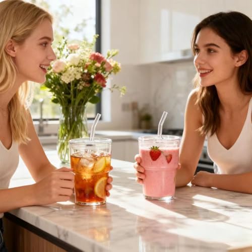 13oz Iced Coffee Cup, Reusable Glass Tumbler with Straw and Lid, Thick Wall Glass Cups with Lids and Straws for Matcha, Smoothies, Drinking Glassware Water Cups (clear-4pack) - Image 3