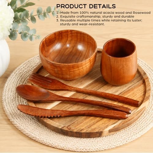 12 Pcs Acacia Wood Dinnerware Set 10 Inch Round Wooden Plates Bowls Tea Cups Fork Spoons Cutlery Knife Acacia Wood Tableware Supplies Easy Cleaning for Dishes Snack Dessert, 2 Set - Image 4