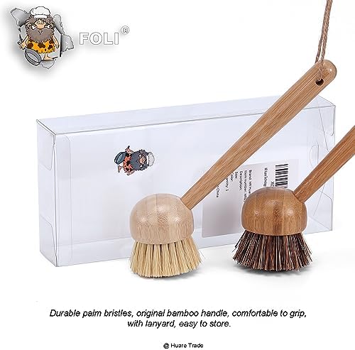 Foli Long Handle Bamboo Dish Scrub Brush 2Pack with Sisal & Palm Bristles - Image 2