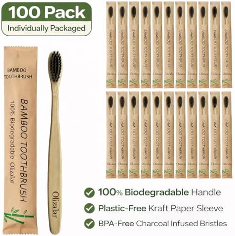 100 Pack Bamboo Toothbrush for Adults, Medium Soft Charcoal Bristles, Eco Friendly Wooden Natural Toothbrushes, Biodegradable Handle Oral Care Toothbrush - Image 2