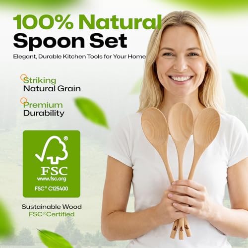 AIUHI Wooden Spoons for Cooking, 3Pcs 12 Inch Wooden Cooking Oval Spoon, Long Handle Beech Wood Serving Spoon for Mixing, Stirring and Eating - Image 2