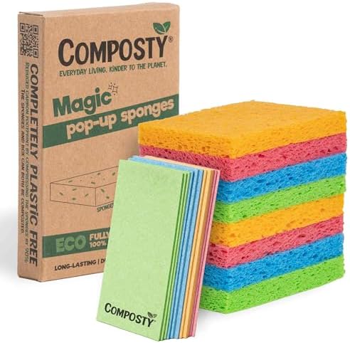 Pop-Up Compostable Sponges 12-Pack – Eco-Friendly Biodegradable Cellulose Kitchen Sponges (Plastic-Free, Non-Scratch, Compressed & Expanding) for Dishes, Kitchen & Bathroom by Award Winning Composty by Composty