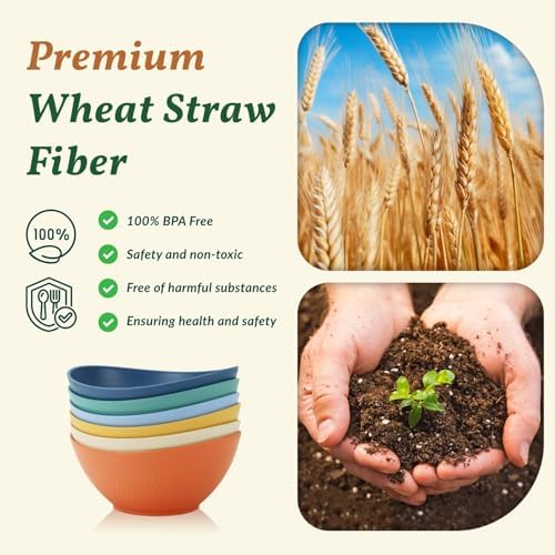Homienly 60oz Wheat Straw Bowls Set of 6 Salad Bowls Large Popcorn Bowl Unbreakable Serving Bowls Microwave & Dishwasher Safe Bowl Set Centerpiece Bowls for Kitchen, Party, Decor, Camping (Multi) - Image 3