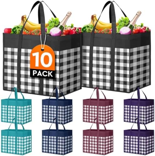 Reusable Grocery Shopping Bags 10 Pack Large Foldable Tote Bags Bulk by WiseLife
