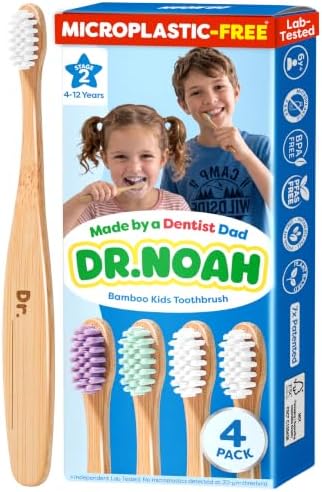 Dr. Noah Microplastic-Free Bamboo Kids Toothbrush, Dentist Designed, Age 4+ by DrNoah