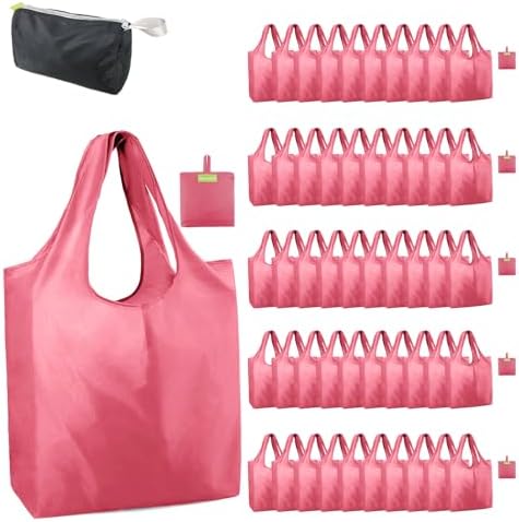 BeeGreen Pink Reusable Grocery Bags Wholesale Reusable Kitchen Bags Bulk Foldable-Machine Washable with Zipper Storage Pouch 50 Packs by BeeGreen