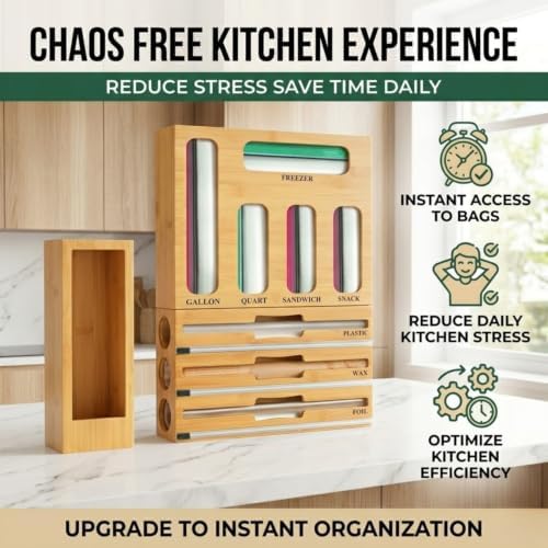 9 in 1 Bamboo Storage Bag Organizer for Kitchen Drawer, Bamboo Kitchen Drawer Organizer with Cutter, Foil and Plastic Wrap Dispenser, Ideal Storage for Gallon, Quart, Sandwich and Snack Bags - Image 4