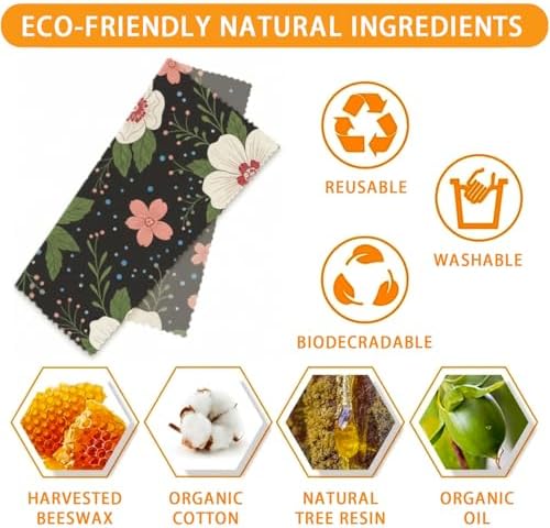 Reusable Beeswax Wraps, Floral Beeswax Wraps, 9 Pack Eco-Friendly Food Storage, Organic, Sustainable, Zero Waste, Plastic-Free, For Sandwich, Snack, Bowl, Bread, Fruit, 1XL, 3M, 5S - Image 3
