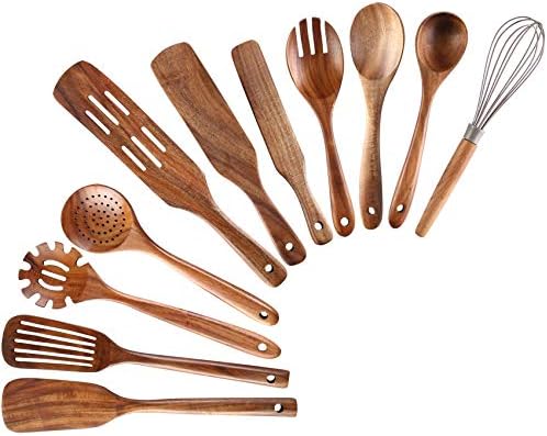 Wooden Kitchen Utensils Set, 11 Pcs Teak Wood Cooking Utensils Spoons Spatulas Spurtles Kit Non-stick Natural Kitchen Tools for Cooking by NAYAHOSE