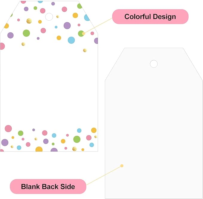 Anwyll Gift Tags with String - 100Pcs Colorful Confetti Polka Dot Gift Bag Tags Personalized White Blank Hanging Paper Label Tag for Birthday Party Bridal Shower Wedding Spring Easter Favors Present