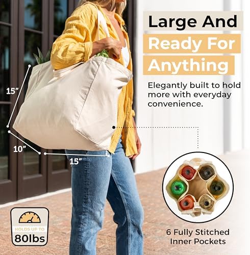 VeraMia Canvas Grocery Bag 3pc XL Set with Real Pockets, Long Shoulder Strap and Short Handle. Heavy Duty, Foldable, Washable - Image 4