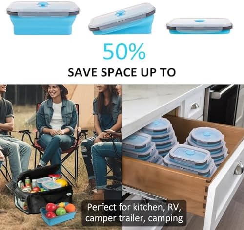 Collapsible Food Storage Containers with Lid & Air Vent, 16 Pack, 8 Rectangular + 8 Round, Foldable Silicone Lunch Containers Collapsible Bowls Set, Microwave Freezer Dishwasher Safe, Blue - Image 3